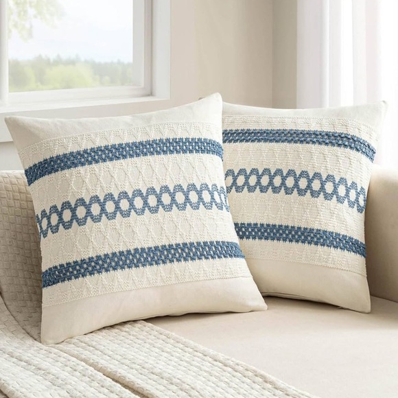 18”x18” Blue and Cream Decorative Throw Pillow Covers Coastal Boho - Picture 1 of 7